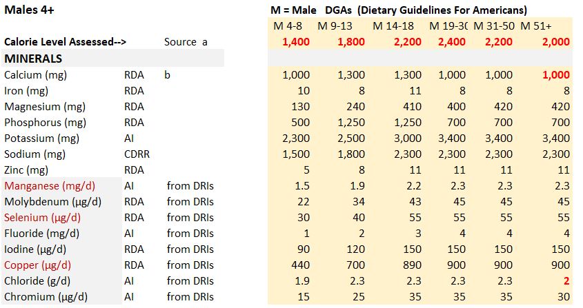 DGA Dietary Guidelines for Americans 2025 Male Minerals