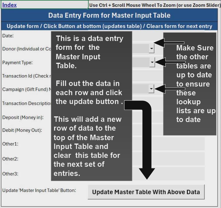 Donation Management Tool Master Data Entry Form Sheet Description