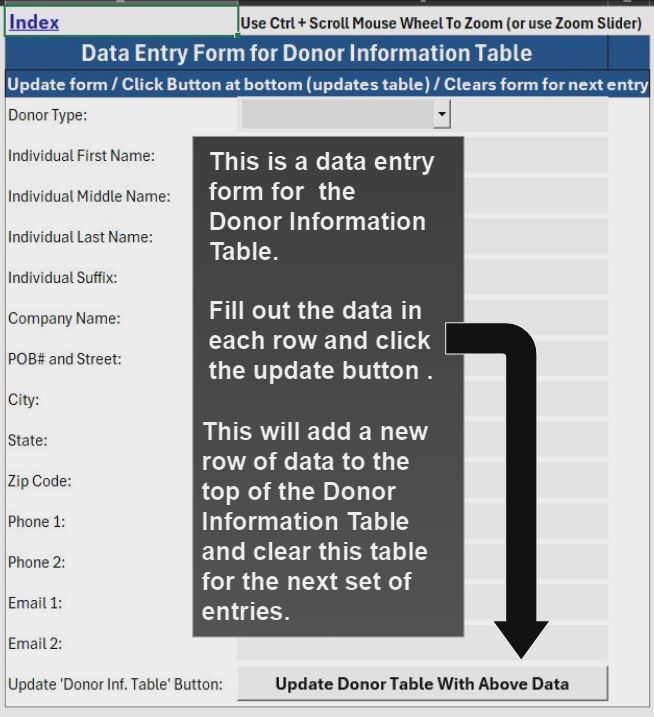 Donation Management Tool - Data entry form description for Donor Information Table